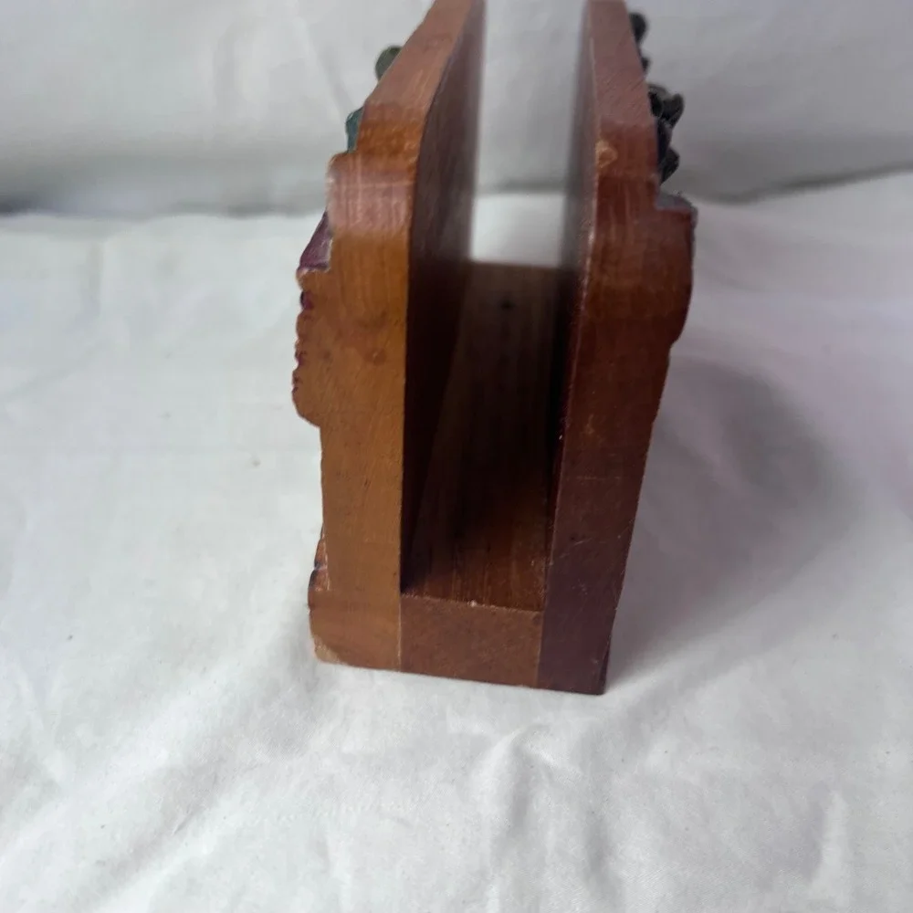 Vintage Hand Carved Wood Village Napkin Holder Letter Organizer Folk Art 6x4